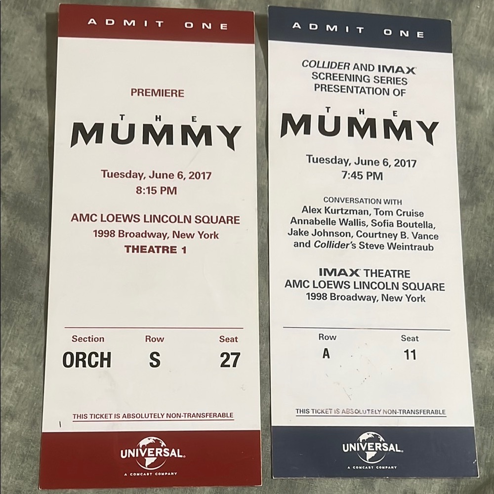 The Mummy 2012 BOTH premiere ticket TOM CRUISE New (Retro vintage)